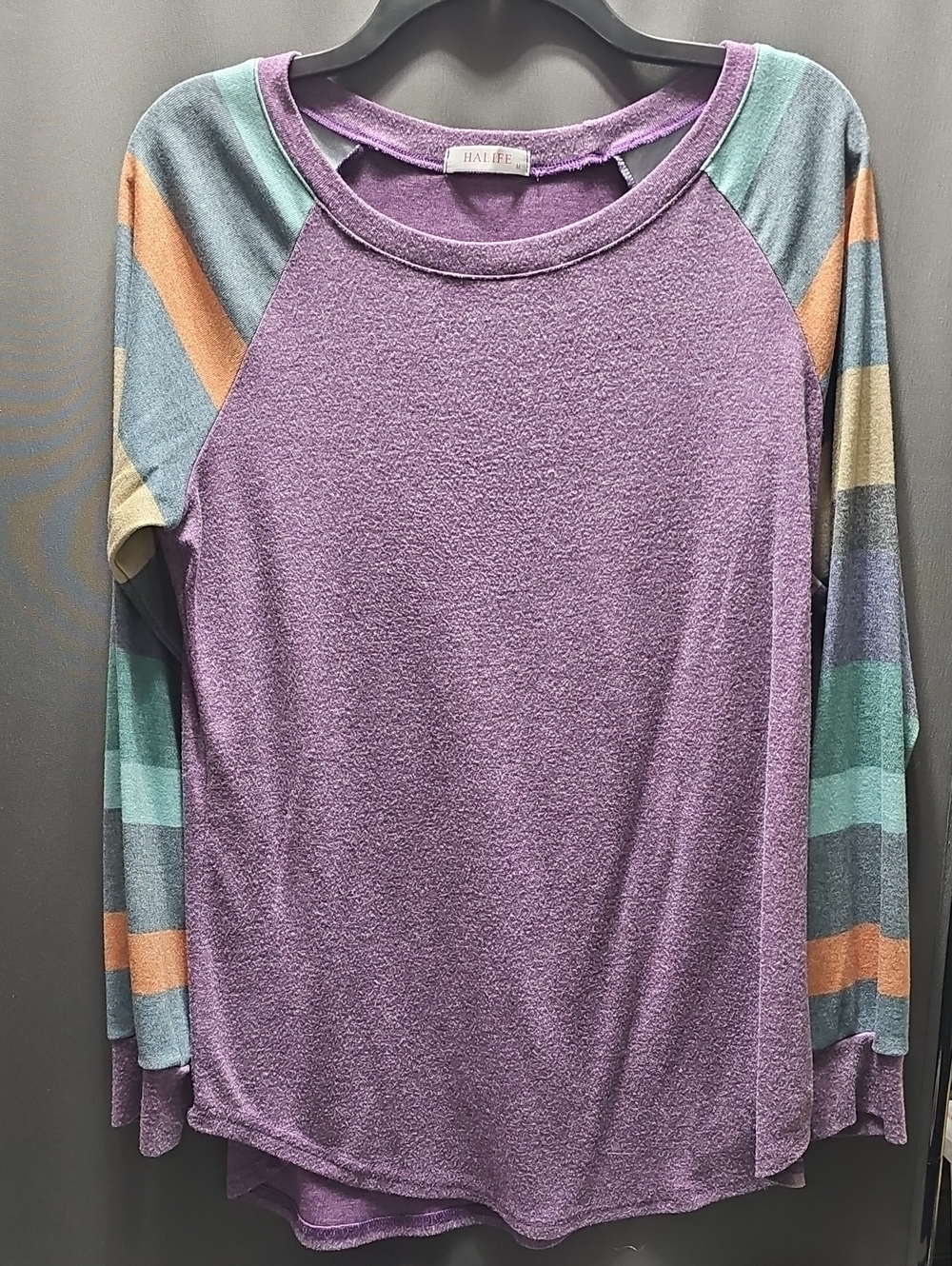 Halife Purple Raglan Long-Sleeve Tee with Pastel Striped Sleeves